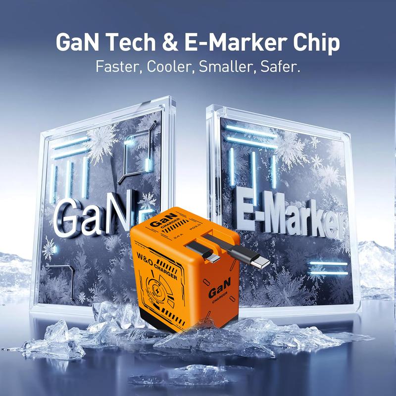 Orange GaN technology power adapter with 'GaN' and 'E-Marker' text on a cold-themed background