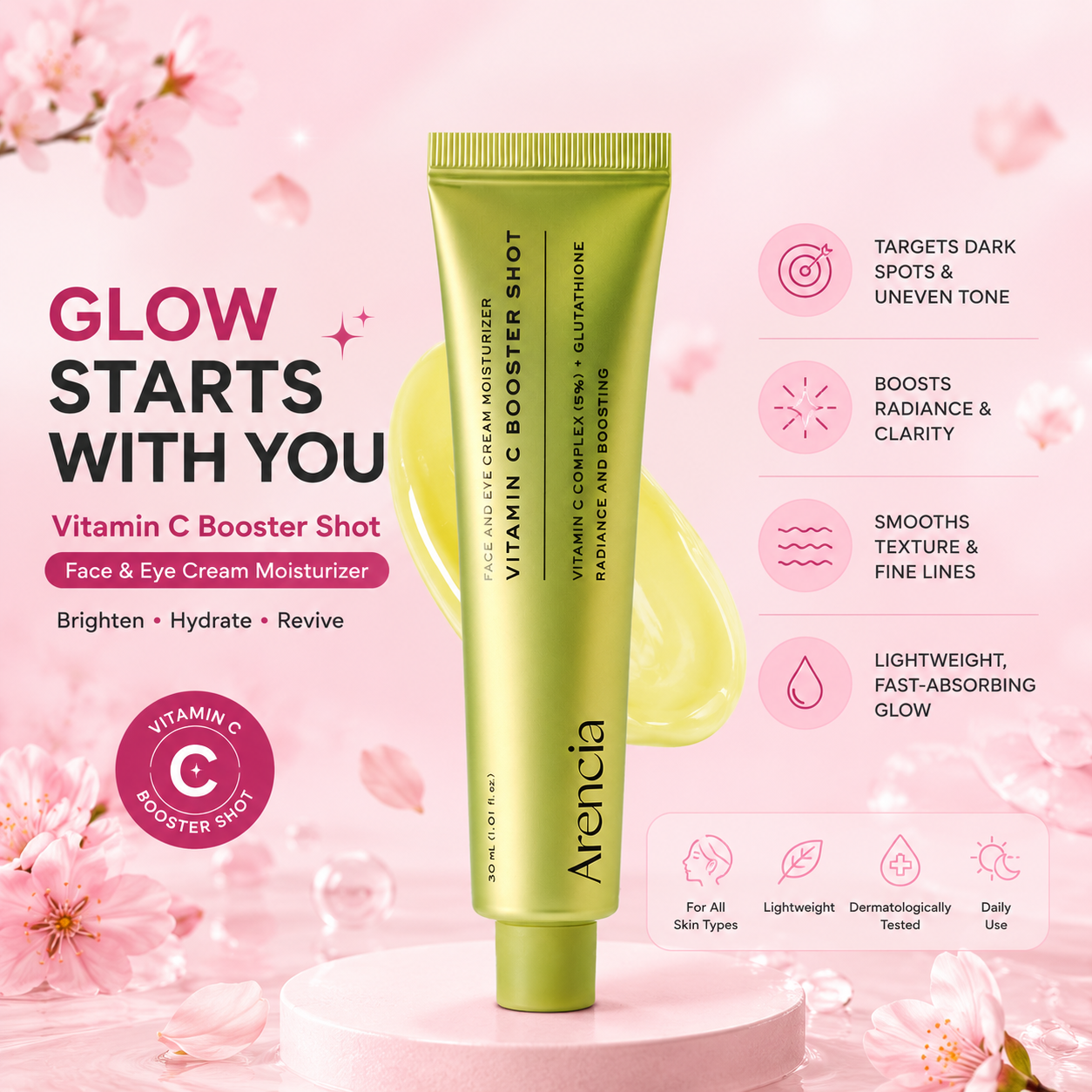 Arencia Vitamin C Booster Shot, Pure Vitamin C + Glutathione for Bright, Healthy Skin Glow