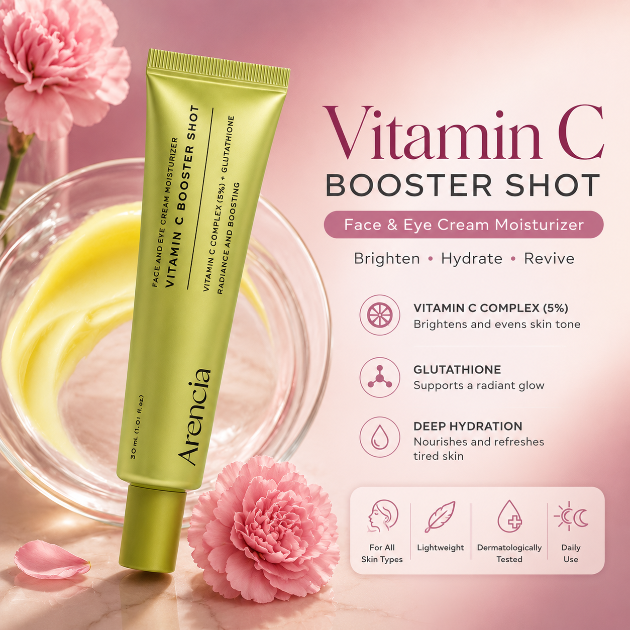 Arencia Vitamin C Booster Shot, Pure Vitamin C + Glutathione for Bright, Healthy Skin Glow